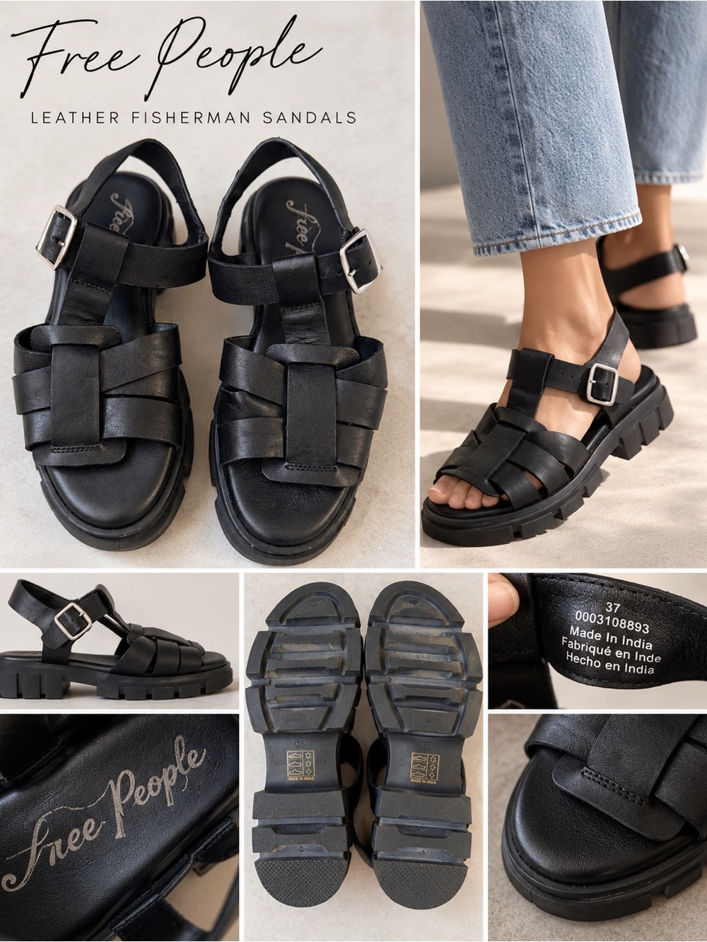 Free People Black Woven Leather Sandals with Buckle size 37